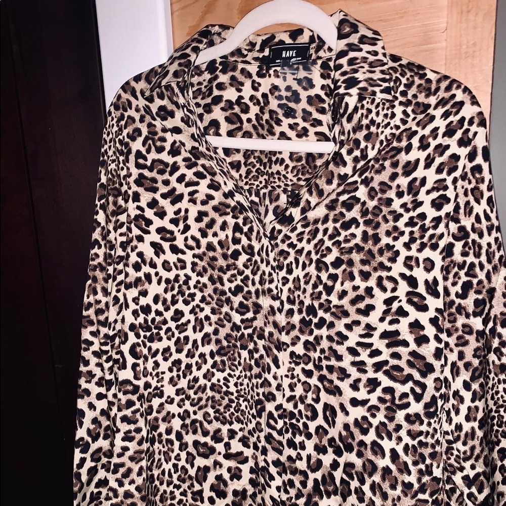 Oversized satin leopard button up blouse. Size M